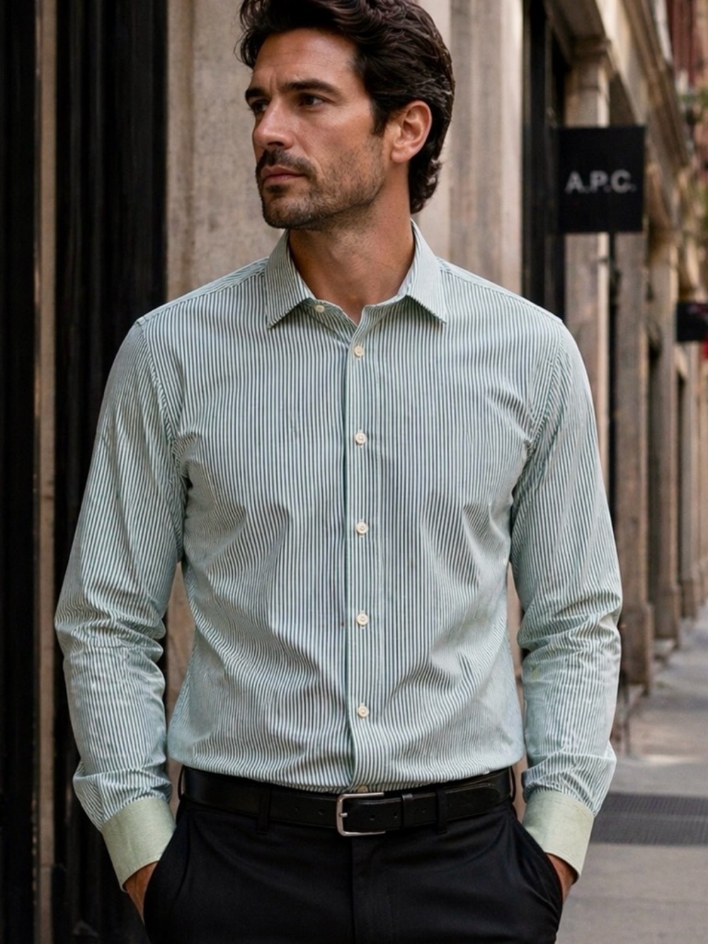 Banana Republic Casual Pinstripes Fitted White Green Button Shirt Cotton 16